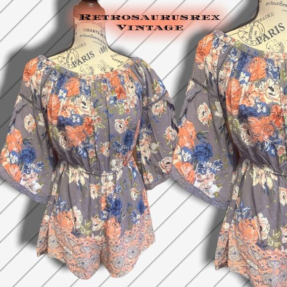 Angie Boho Lace Trim Angel Sleeve Pastel Floral Shorts Romper, Large - Picture 1 of 7